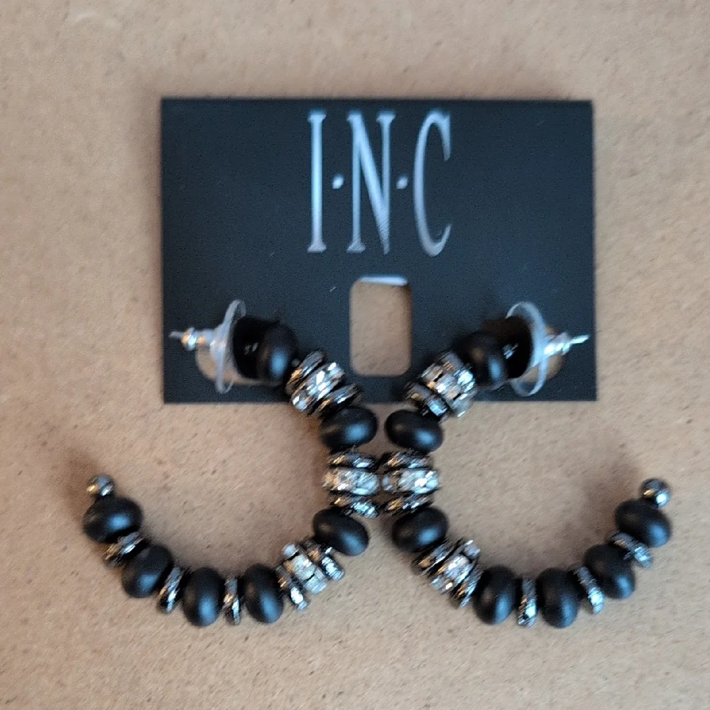 INC International Concepts Black Beaded Hoop Earrings with Rhinestone Spacers